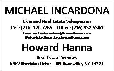 Text Box: MICHAEL INCARDONA
Licensed Real Estate Salesperson
Cell: (716) 270-7766    Office: (716) 932-5300
Email: michaelincardona@howardhanna.com
Web: michaelincardona.howardhanna.com
Howard Hanna
Real Estate Services 
5462 Sheridan Drive  Williamsville, NY 14221

