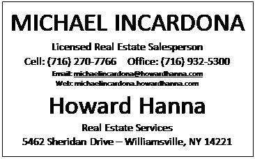 Text Box: MICHAEL INCARDONA
Licensed Real Estate Salesperson
Cell: (716) 270-7766    Office: (716) 932-5300
Email: michaelincardona@howardhanna.com
Web: michaelincardona.howardhanna.com
Howard Hanna
Real Estate Services 
5462 Sheridan Drive  Williamsville, NY 14221

